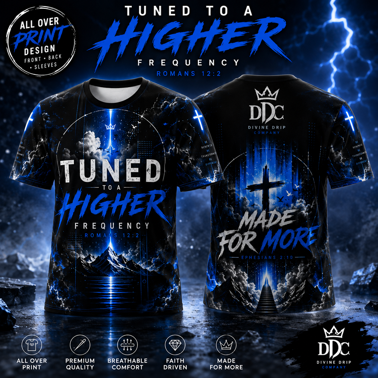 Tuned to a Higher Frequency Christian All-Over Print T-Shirt | Romans 12:2