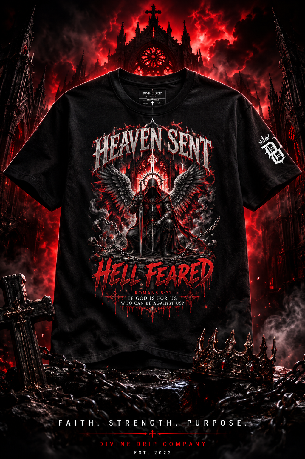 A black short-sleeve graphic t-shirt featuring a gothic angel design with the text 'HEAVEN SENT' and 'HELL FEARED', displayed against a dramatic red and black apocalyptic cathedral background. Divine Grip Company branding is visible at the bottom.