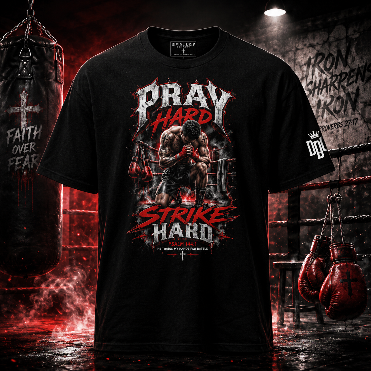 Pray Hard Strike Hard Christian T-Shirt | Boxing Faith Streetwear