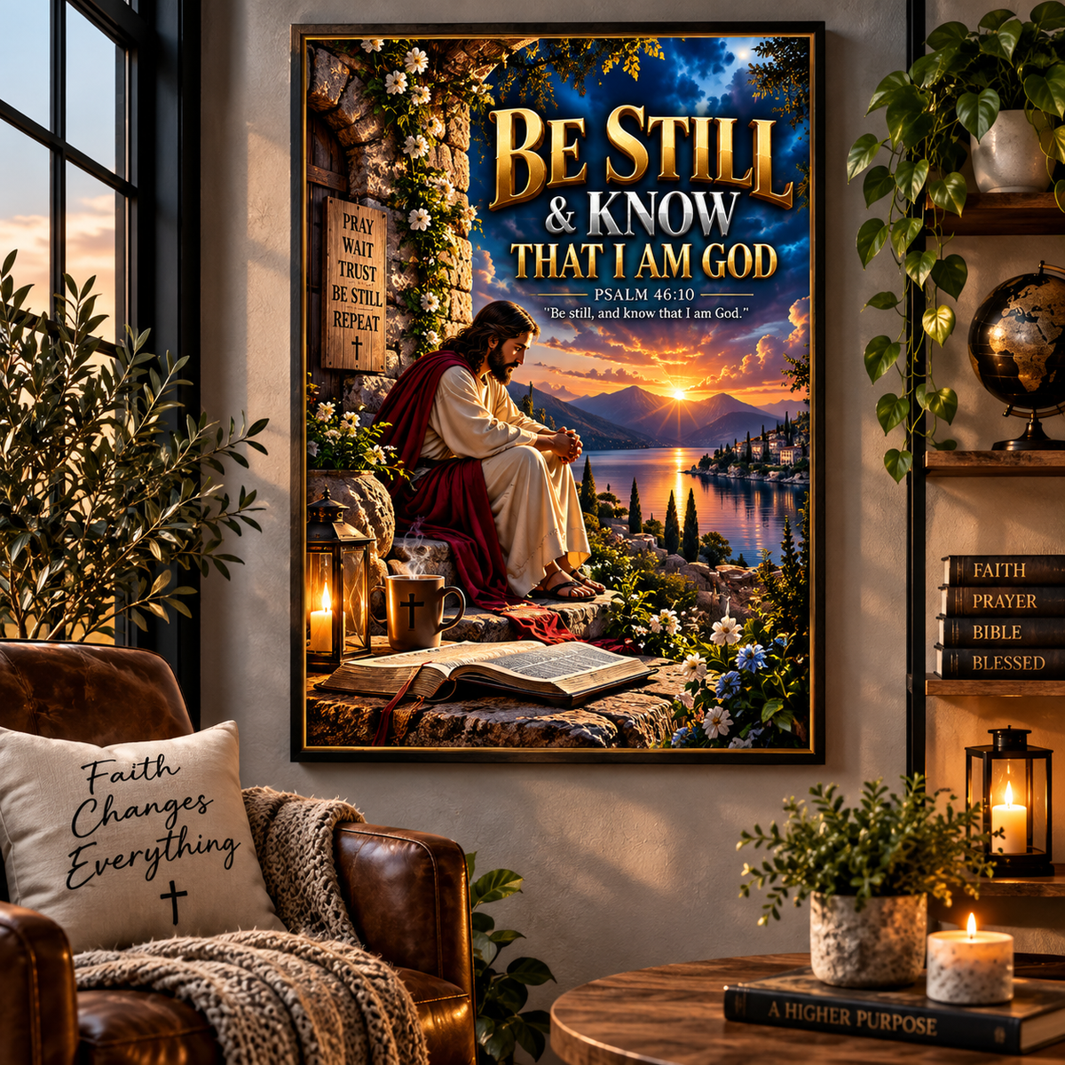 A large framed wall art print hangs on a wall in a cozy living room. The artwork shows Jesus sitting by a lake at sunset, with the text 'BE STILL & KNOW THAT I AM GOD' and scripture references.