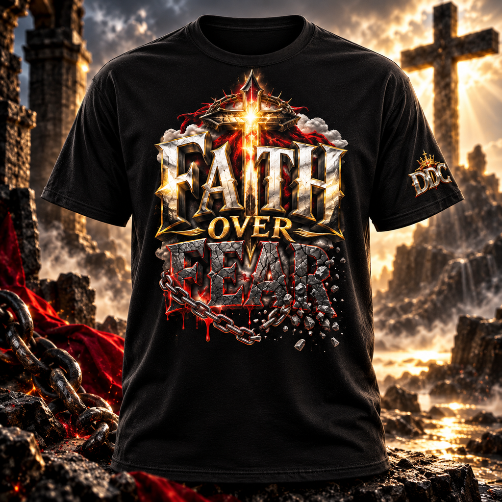 A black short-sleeve graphic T-shirt displayed against a dramatic apocalyptic landscape with ruins, chains, and a cross. The shirt features a large front print reading “FAITH OVER FEAR” in metallic and fiery lettering, with a glowing cross motif and a smaller “DEO” mark on the sleeve.
