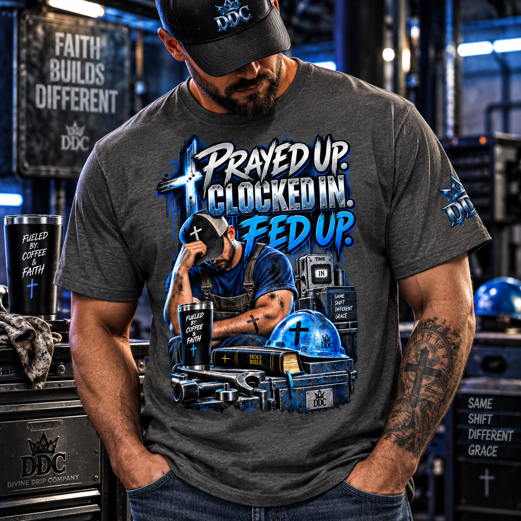 A man wearing a dark heather gray graphic t-shirt with a blue and white 'Prayed Up. Clocked In.