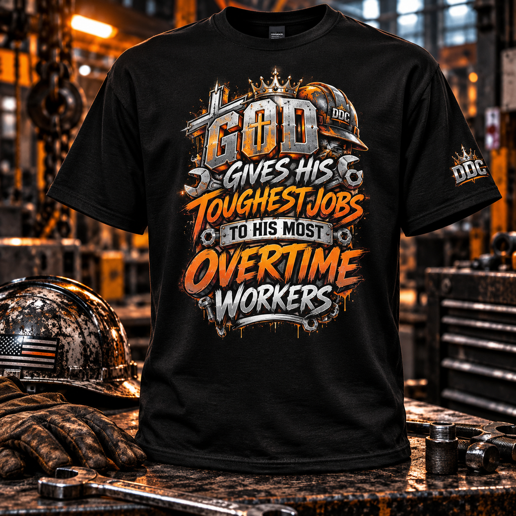 A black graphic t-shirt displayed in a workshop setting. The shirt features a large, distressed orange and white graphic that reads 'GOD GIVES HIS TOUGHEST JOBS TO HIS MOST OVERTIME WORKERS' with a construction helmet and wrenches.