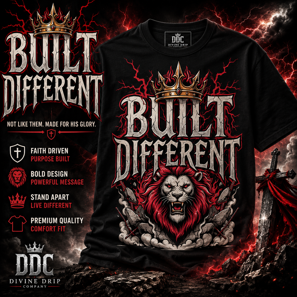 Built Different Christian Shirt | Lion of Judah T-Shirt | Faith Streetwear | Jesus Graphic Tee | Bold Christian Apparel