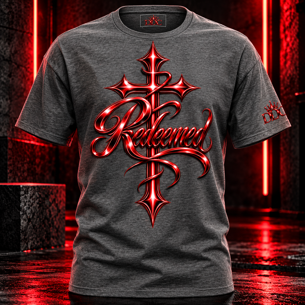 A dark heather gray t-shirt featuring a large, metallic red gothic cross graphic with the word 'Redeemed' in stylized red script across the front. The shirt is displayed against a dark, moody background with red neon light reflections.