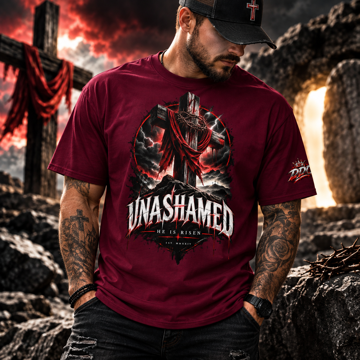 A man wearing a dark red graphic t-shirt with a cross and the text 'UNASHAMED HE IS RISEN' in a rocky, dramatic outdoor setting.