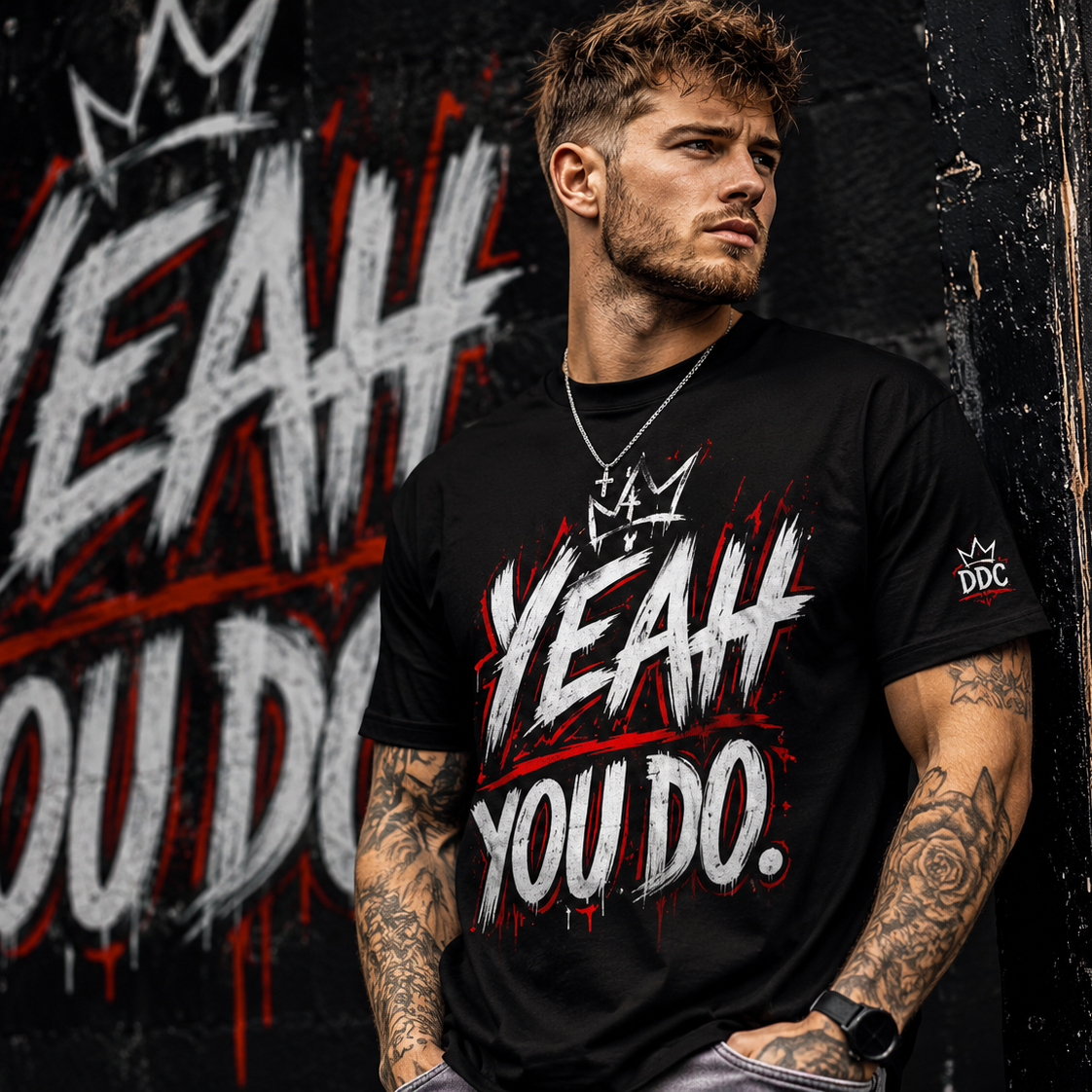 A man with tattoos leans against a dark wall with graffiti, wearing a black t-shirt with a bold white and red 'YEAH YOU DO.' graphic and a small 'DPC' logo on the sleeve.