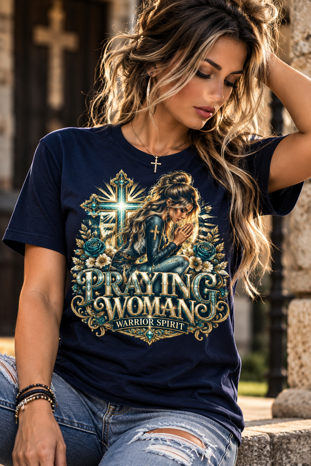 Praying Woman Christian Women's T-Shirt | Warrior Spirit Faith Shirt