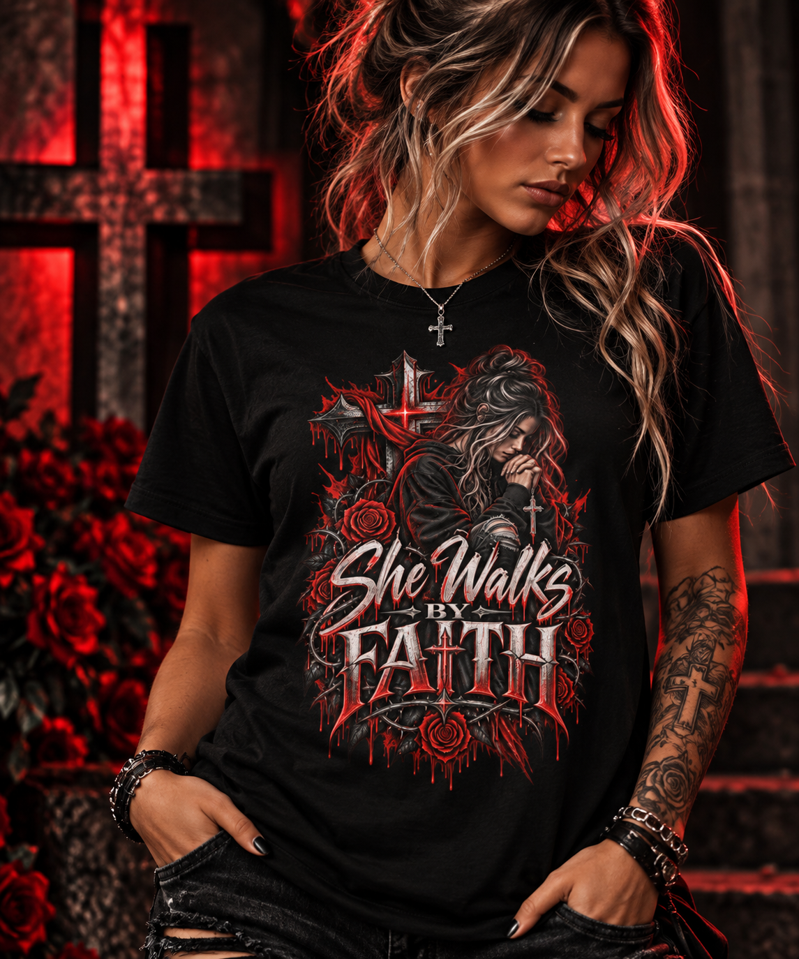 She Walks By Faith Christian Women's T-Shirt | Christian Streetwear