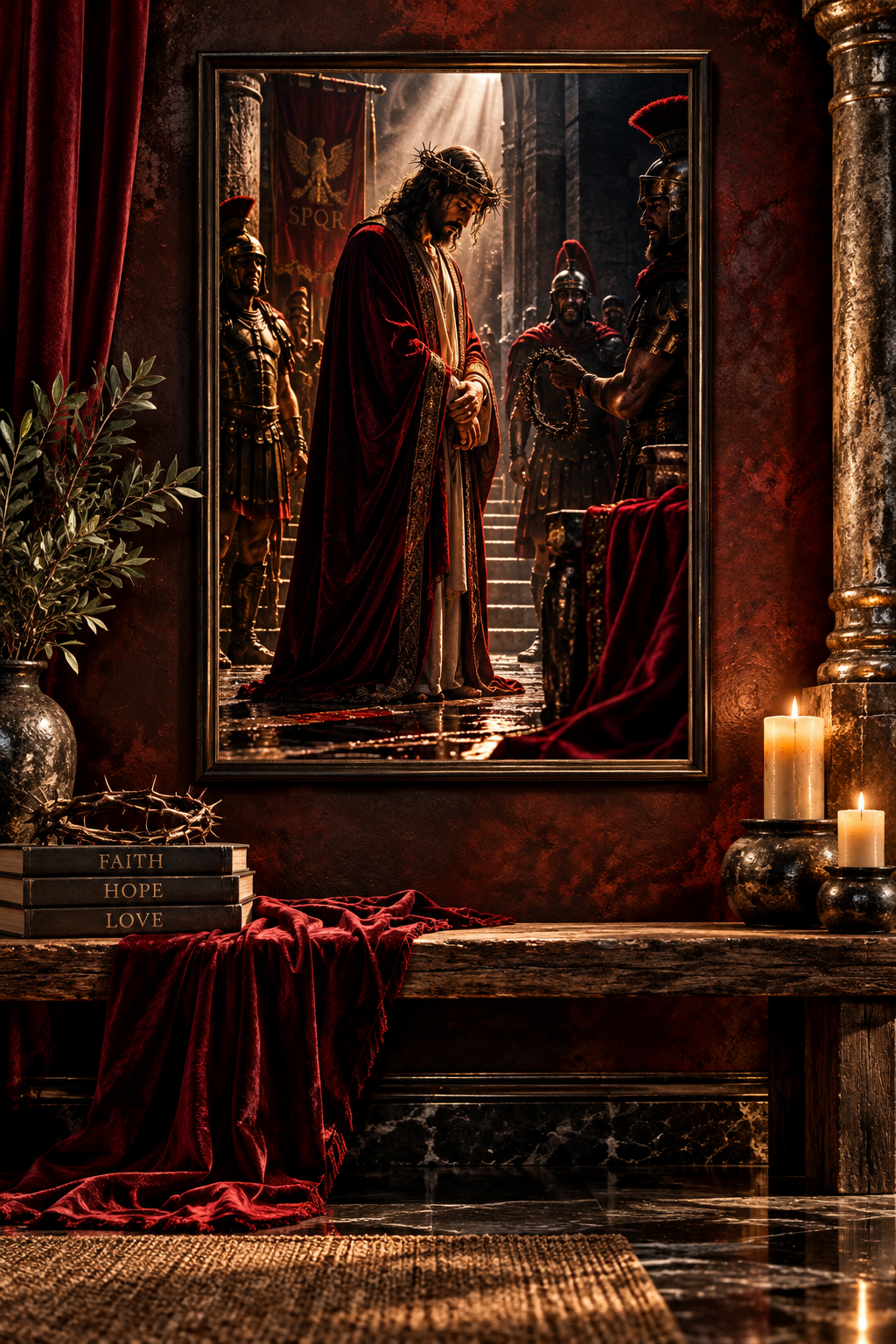A framed religious art print depicting Jesus in a red robe standing on steps, displayed on a dark wooden wall shelf in a moody room with red drapery, candles, books, and a plant.