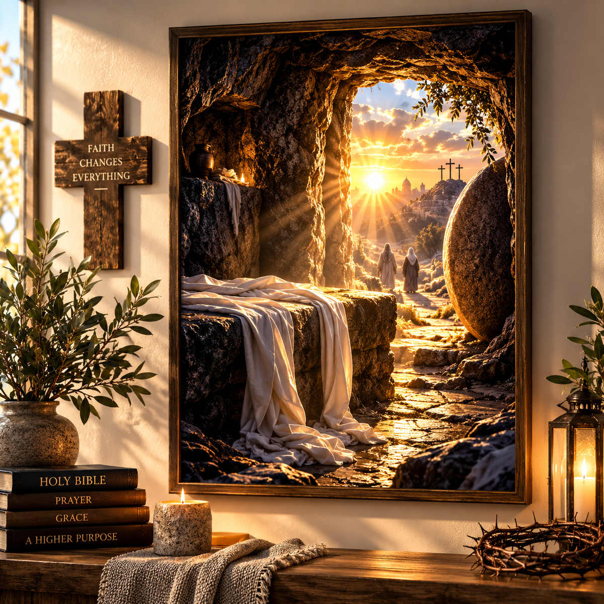 A large framed canvas print of the Empty Tomb at sunrise hangs on a warm beige wall in a styled room. The print depicts Jesus walking toward the cross with a white cloth draped over the stone, set against a glowing golden sunset.