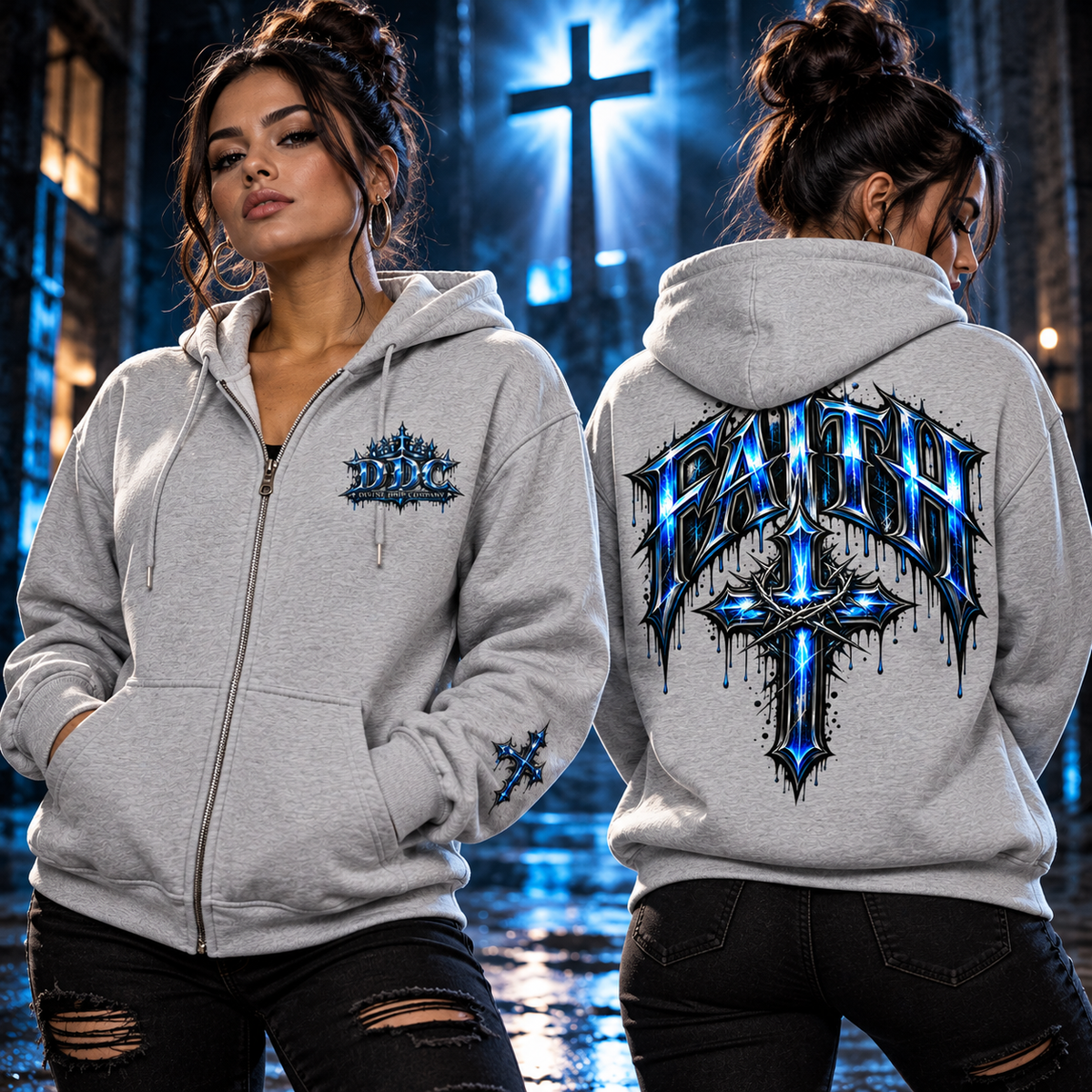 FAITH – Metallic Blue Christian Zip-Up Hoodie | Divine Drip Company