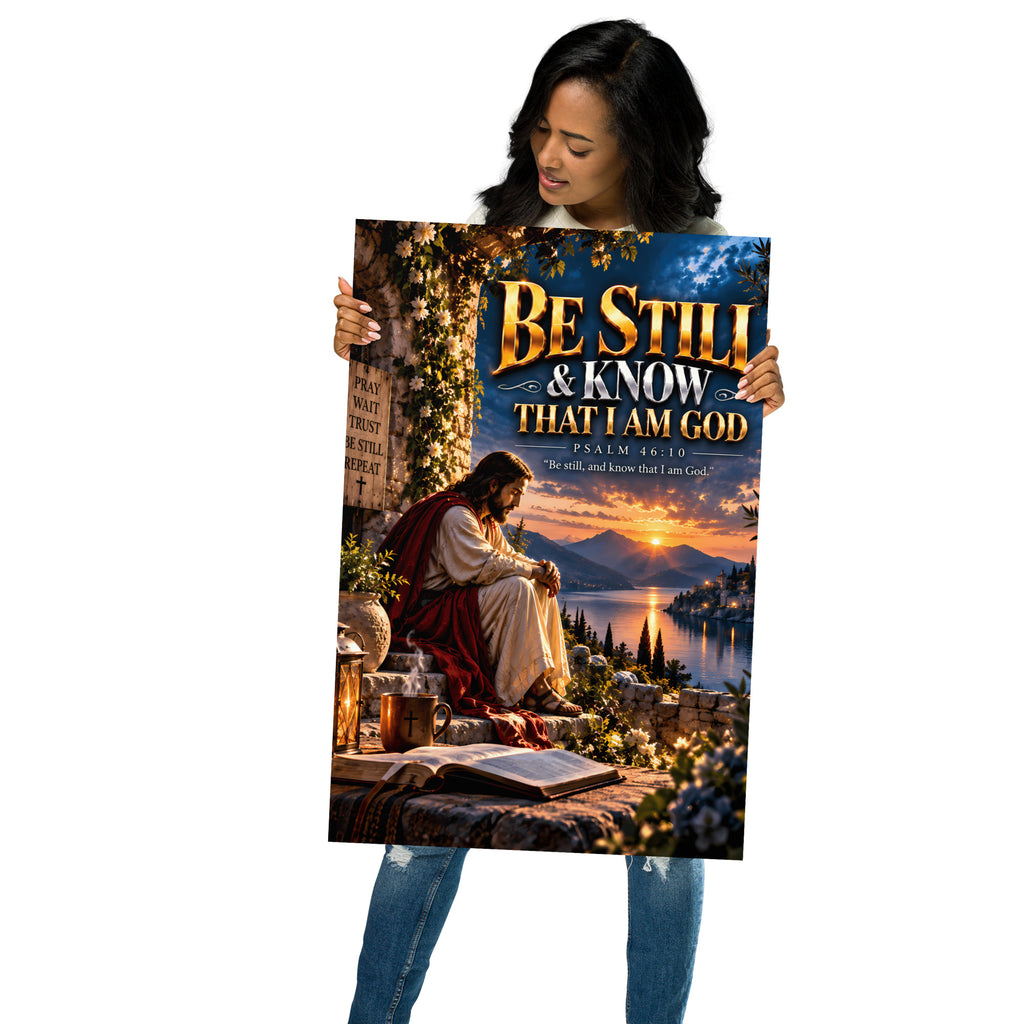 A woman holding a large vertical art print or poster featuring an illustrated scene of Jesus sitting by a lake at sunset, with the text 'BE STILL & KNOW THAT I AM GOD' and 'PSALM 48:10'. The background is plain white.