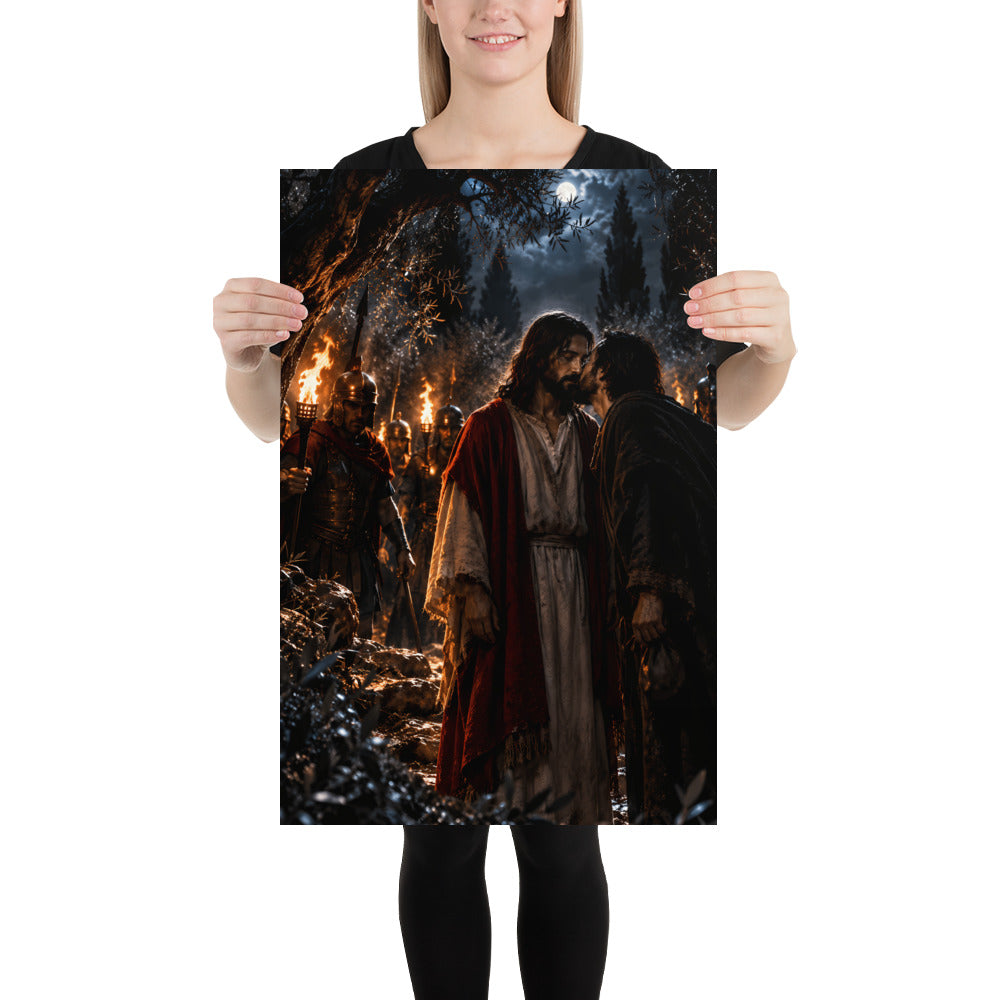 A woman holding a large vertical poster or canvas print featuring a dramatic dark scene of Jesus in a red and white robe standing in a forest with torches and figures around him, against a plain white studio background.