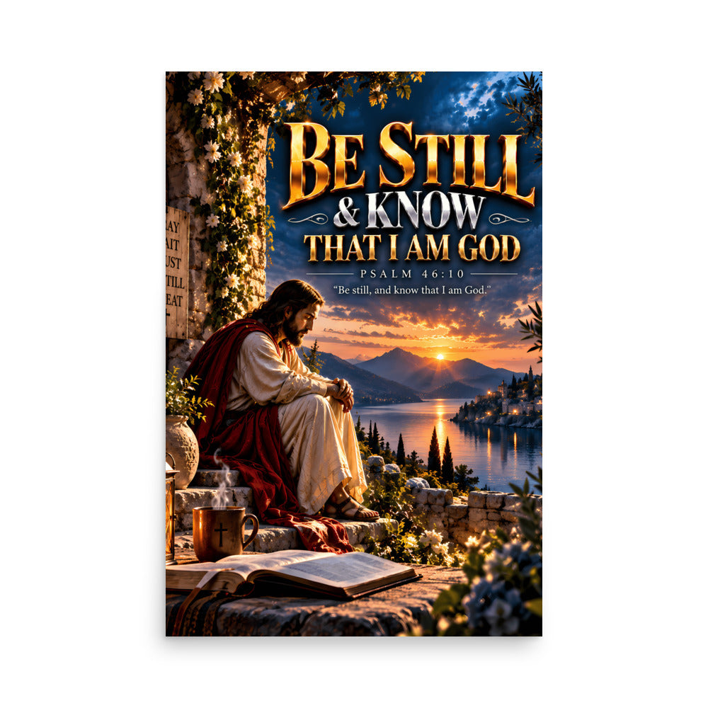 A vertical art print or poster featuring a seated figure in a red and white robe beside a lake at sunset, with large text reading “BE STILL & KNOW THAT I AM GOD” and “PSALM 46:10.” The artwork is shown centered on a light gray background with a soft shadow.