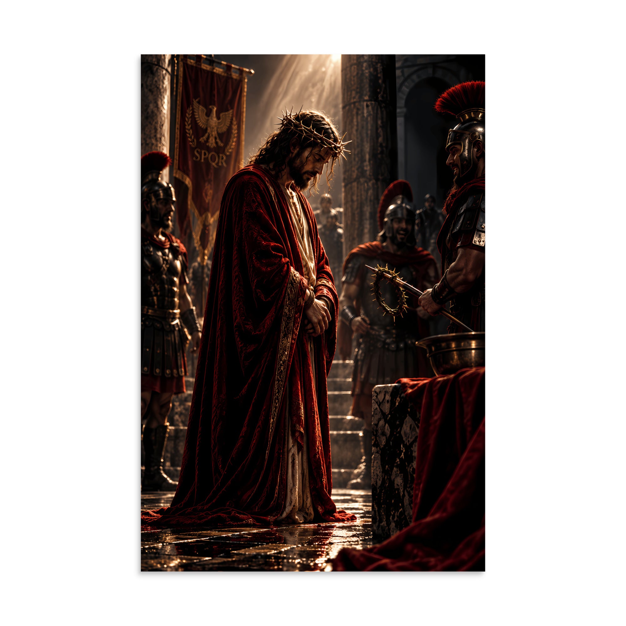 A vertical art print depicting a dramatic historical scene with Jesus in a red robe standing before Roman soldiers in a dark, sunlit arena-like hall. The print is centered on a light gray background.