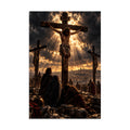 A vertical art print depicting the crucifixion scene with Jesus on the central cross, two other crosses in the background, and mourners kneeling in the foreground under dramatic golden clouds and sun rays.
