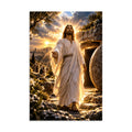 A vertical art print depicting Jesus walking out of a tomb at sunset, wearing a flowing white robe and reaching out with one hand. The scene is illuminated by golden sunlight, with stone textures, green foliage, and a dramatic sky.