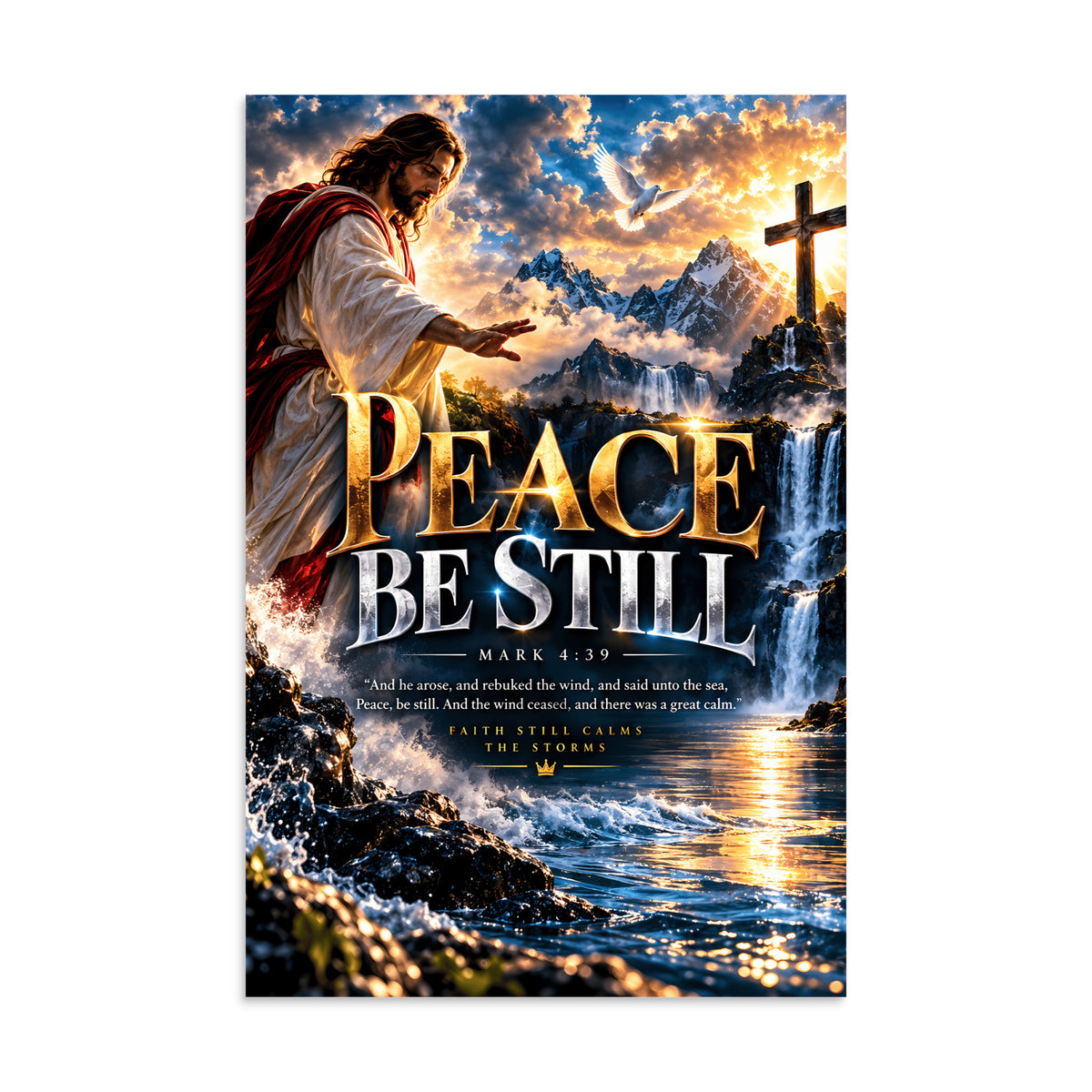 A vertical art print/poster featuring a dramatic religious scene with Jesus reaching out over water, mountains, a cross, and waterfalls under a glowing sky. Large metallic-style text reads “PEACE BE STILL,” with smaller scripture text below.