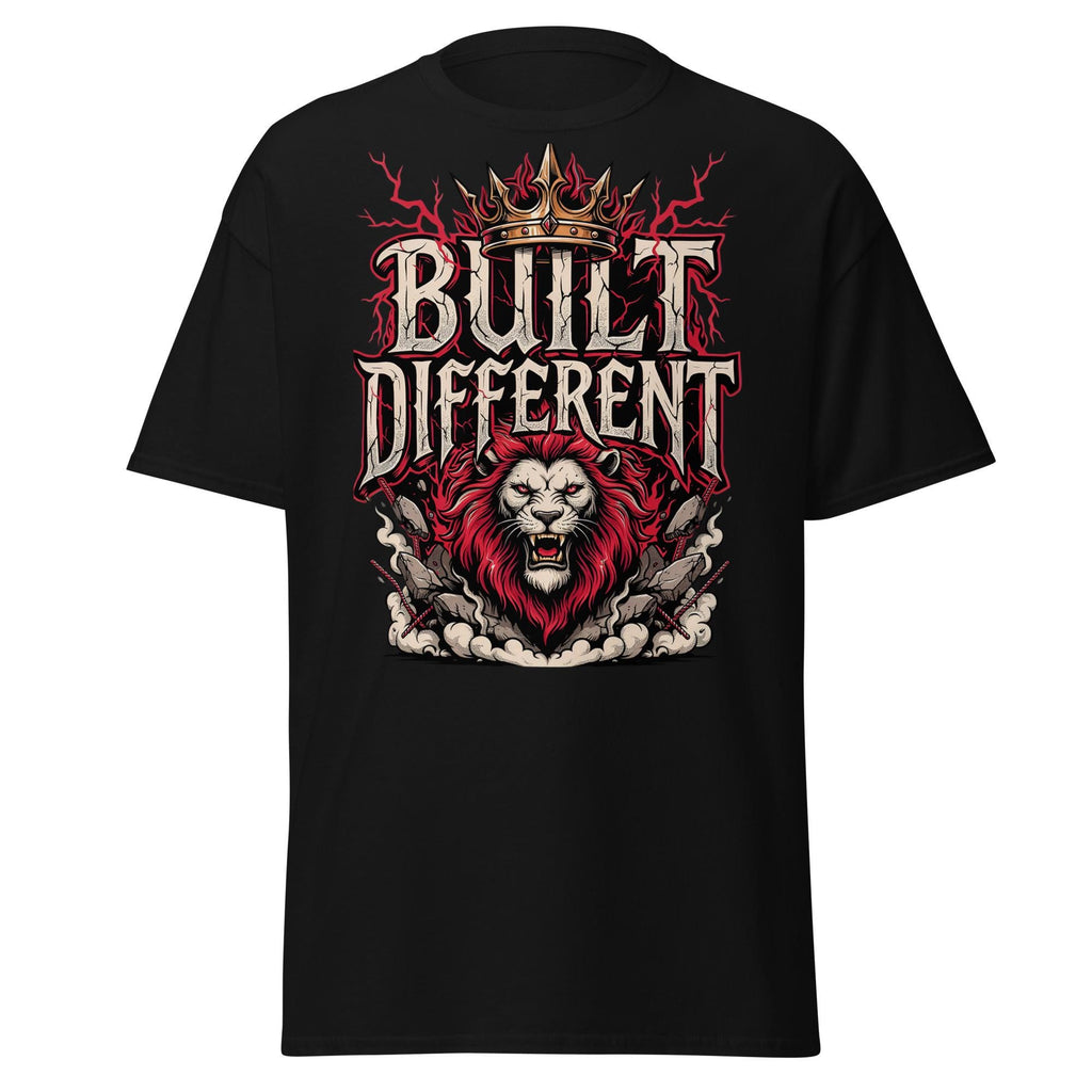 A black short-sleeve crewneck t-shirt featuring a large graphic print on the front. The graphic displays a roaring lion with a red mane beneath the words 'BUILT DIFFERENT' in a stylized white and red font, topped with a gold crown and red lightning bolts.
