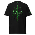A black short-sleeve t-shirt with a large, metallic green graphic on the front featuring a sword and the word 'Grace' in cursive, with a smaller matching green graphic on the left sleeve.