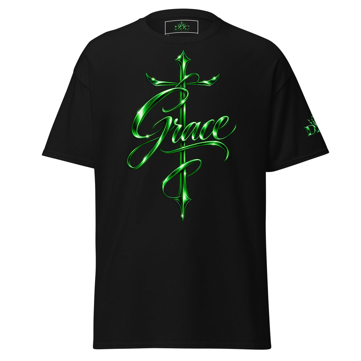 A black short-sleeve t-shirt with a large, metallic green graphic on the front featuring a sword and the word 'Grace' in cursive, with a smaller matching green graphic on the left sleeve.