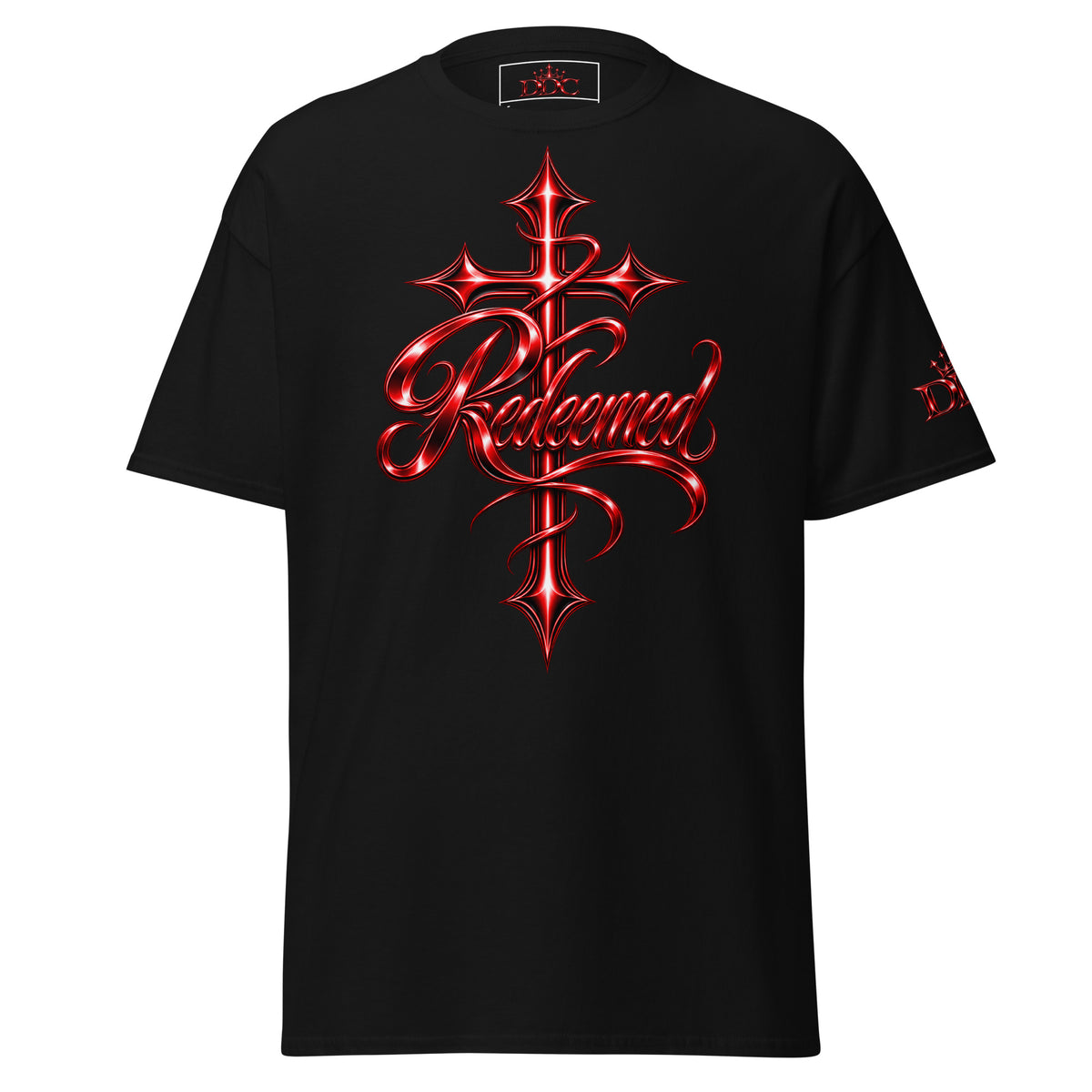 A black short-sleeve t-shirt featuring a large red metallic gothic cross graphic with the word 'Redeemed' written in stylized red script across the center chest, shown on a plain white background.
