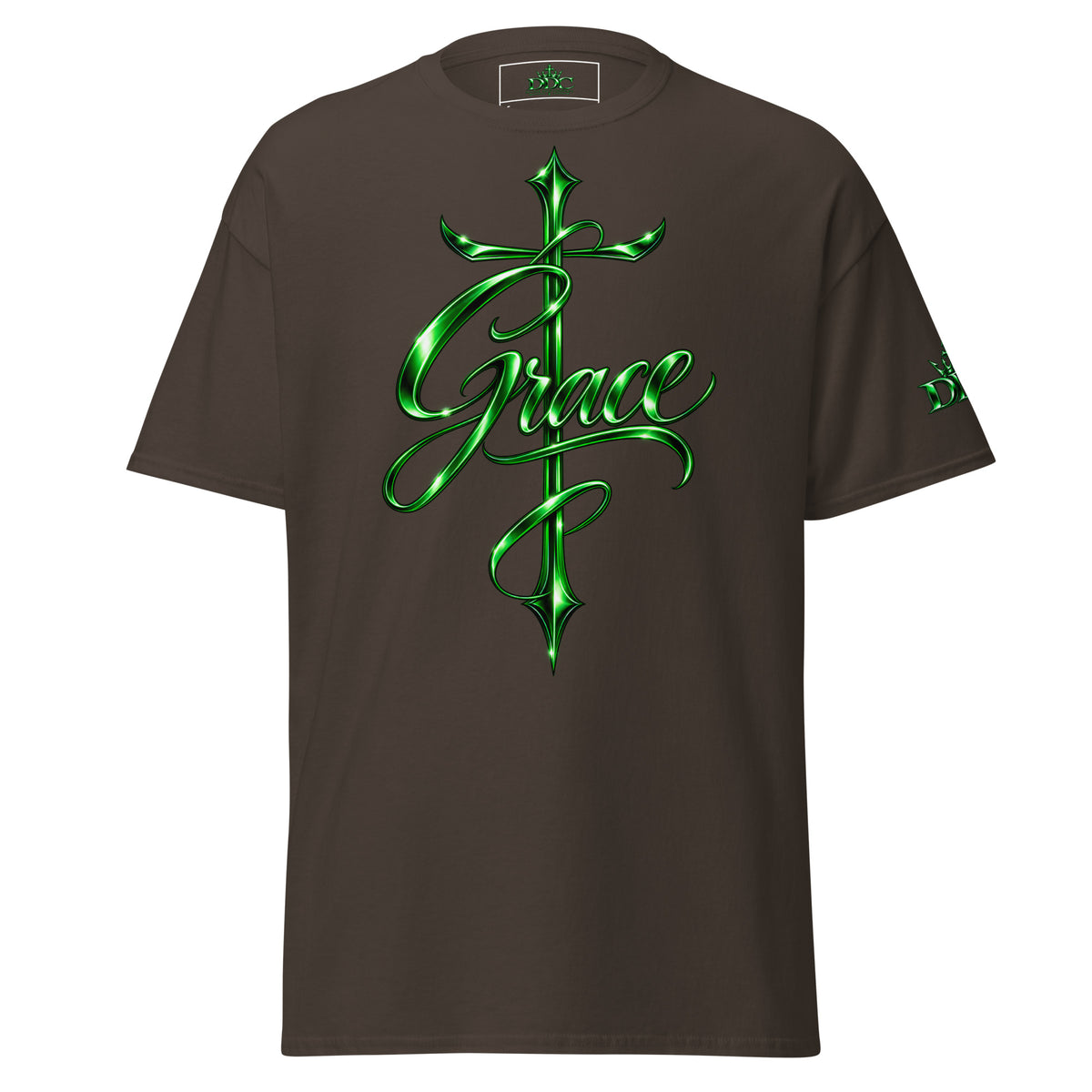 A light brown short-sleeve t-shirt with a large green metallic-style graphic on the front featuring the word 'Grace' in cursive script over a sword design, shown on a plain white background.