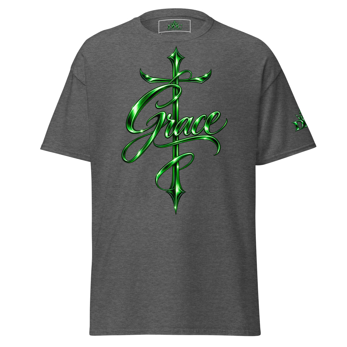 A gray short-sleeve t-shirt with a large green metallic-style graphic on the front featuring the word 'Grace' in cursive script over a sword design, shown on a plain white background.