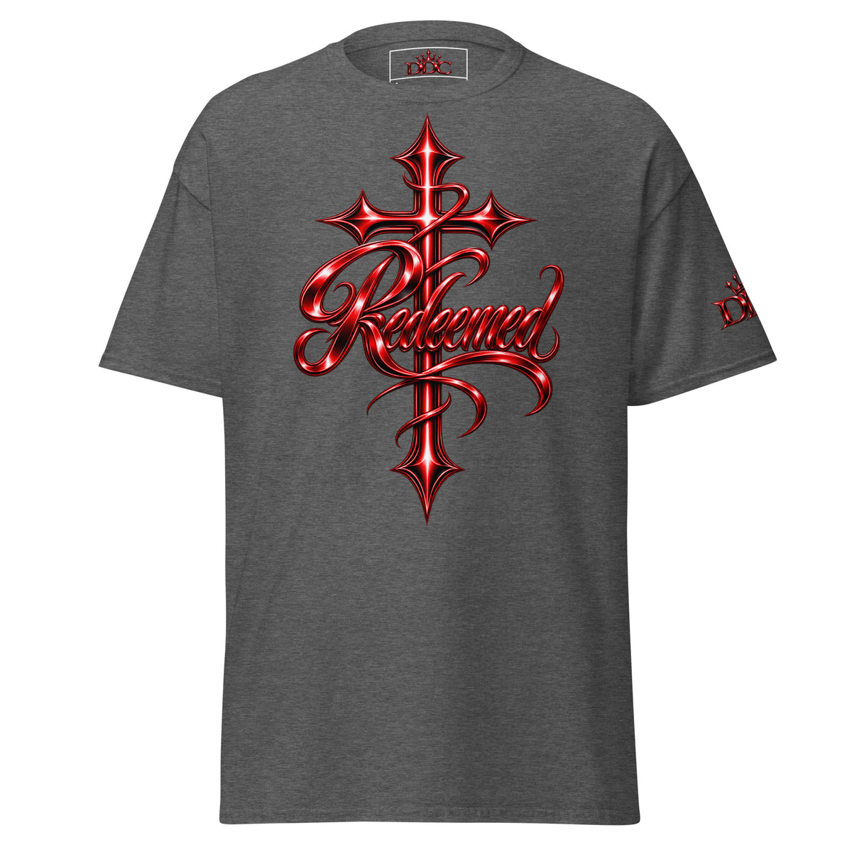 A dark gray heather t-shirt featuring a large red and black metallic gothic cross graphic with the word 'Redeemed' written across it, shown on a plain white background.