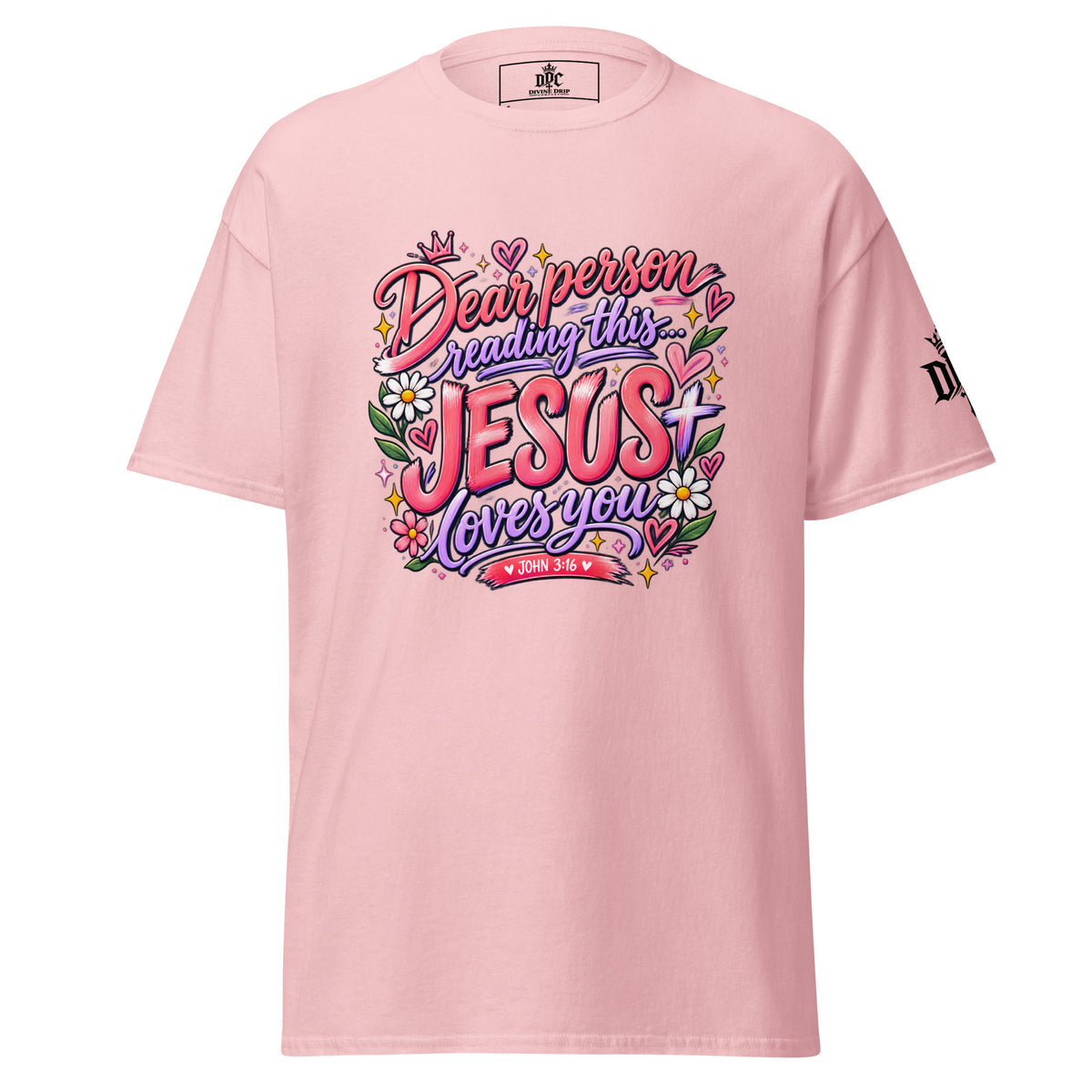 Dear Person Reading This Jesus Loves You Christian T-Shirt in Light Pink with colorful floral John 3:16 design and Divine Drip Company sleeve logo