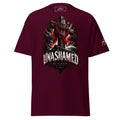 A maroon short-sleeve t-shirt with a large graphic print on the front featuring a cross, a draped figure, and the text 'UNASHAMED' and 'HE IS RISEN'.