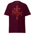 A marron shirt with redeemed and a cross is a stylized font