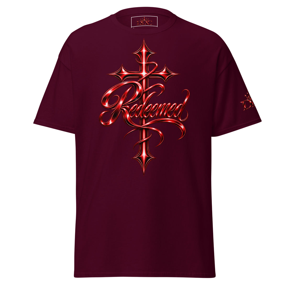 A marron shirt with redeemed and a cross is a stylized font