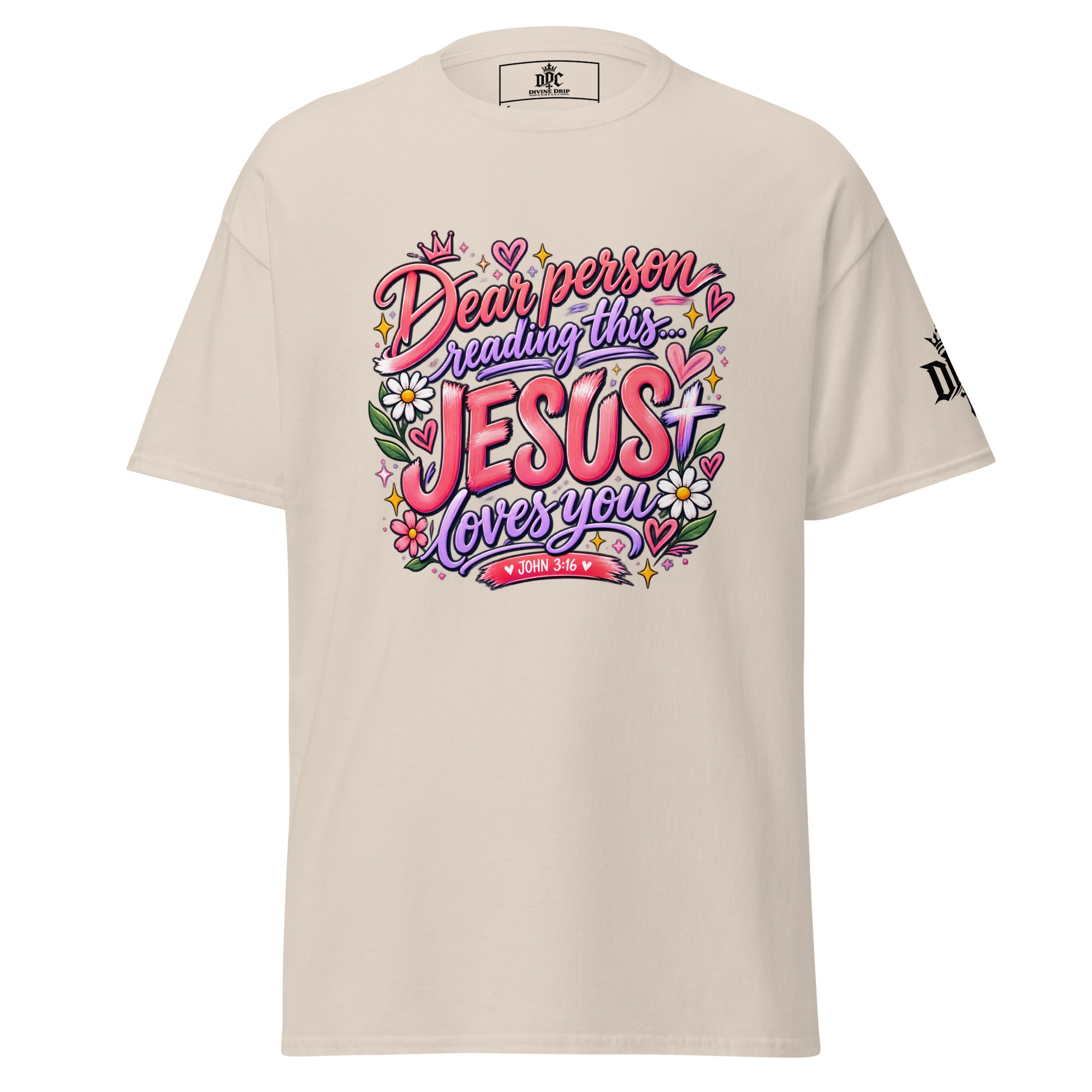 Dear Person Reading This Jesus Loves You Christian T-Shirt in Natural with colorful floral John 3:16 design and Divine Drip Company sleeve logo