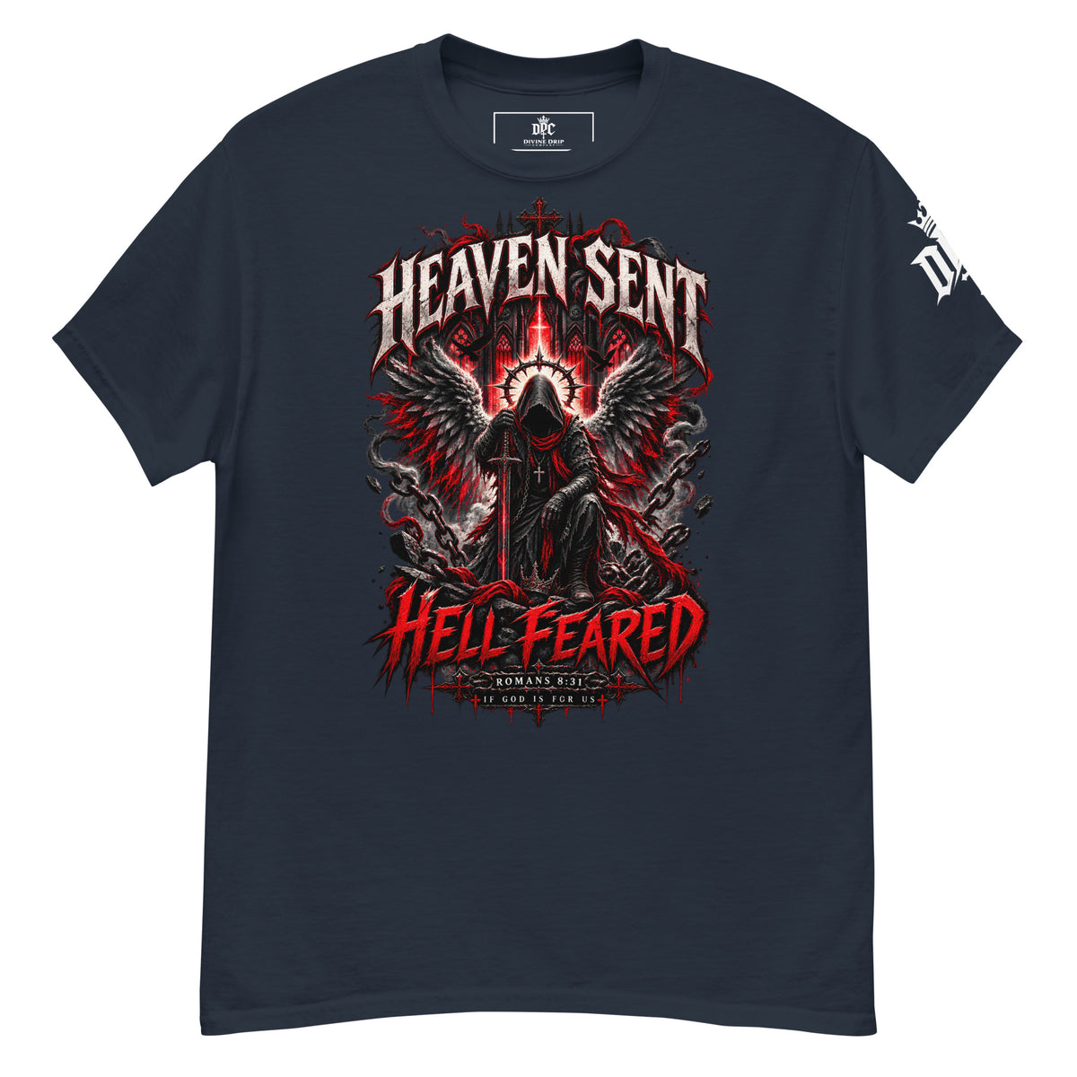 A navy blue short-sleeve t-shirt with a large graphic print on the front featuring a dark angel with wings and the text 'HEAVEN SENT' and 'HELL FEARED'. A smaller white graphic is visible on the right sleeve.