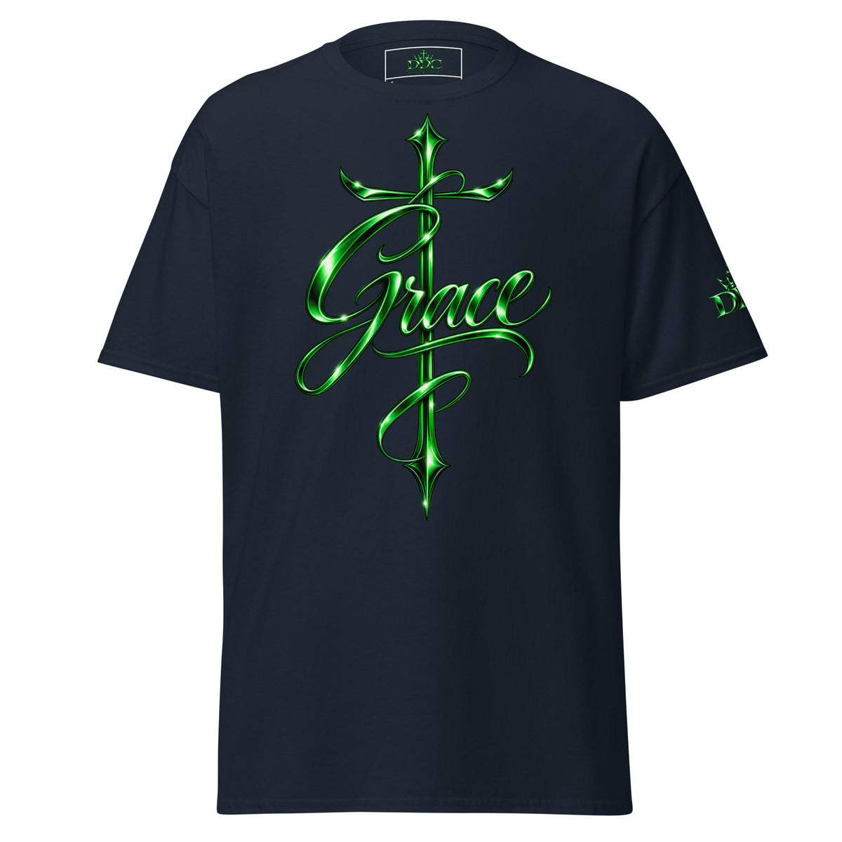 A navy short-sleeve t-shirt with a large, metallic green graphic on the front featuring a sword and the word 'Grace' in cursive, with a smaller matching green graphic on the left sleeve.