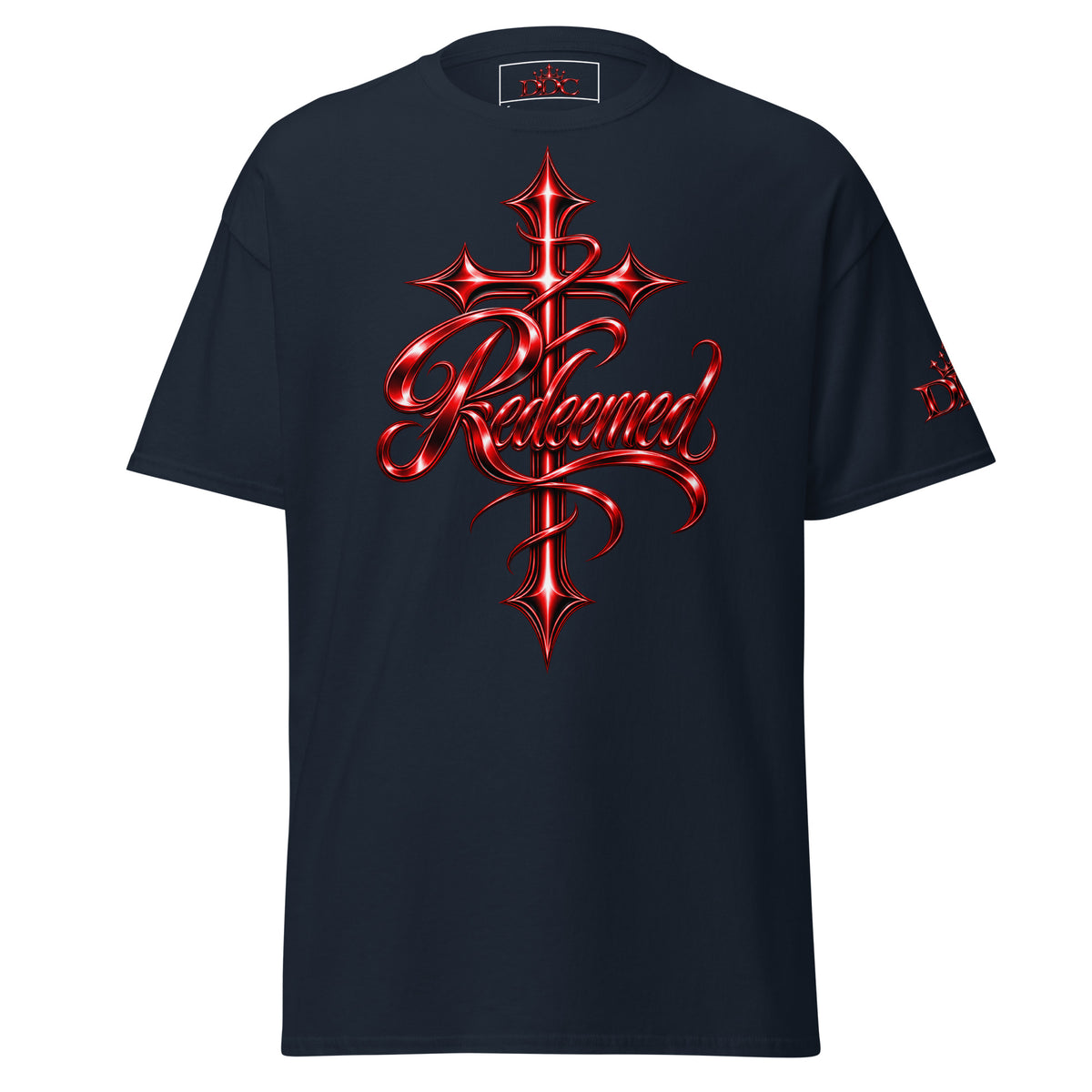 A black short-sleeve t-shirt featuring a large red metallic gothic cross graphic with the word 'Redeemed' written in stylized red script across the center chest, shown on a plain white background.