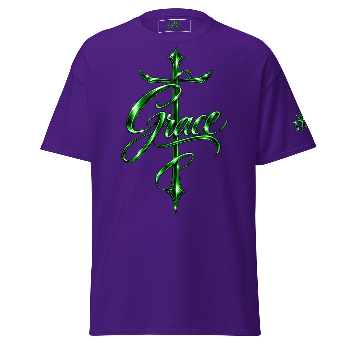 A purple short-sleeve t-shirt with a large green metallic-style graphic on the front featuring the word 'Grace' in cursive script over a sword design, shown on a plain white background.