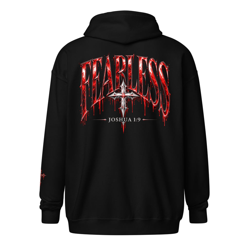 Black FEARLESS Christian zip-up hoodie with red gothic Joshua 1:9 back design by Divine Drip Company Copy