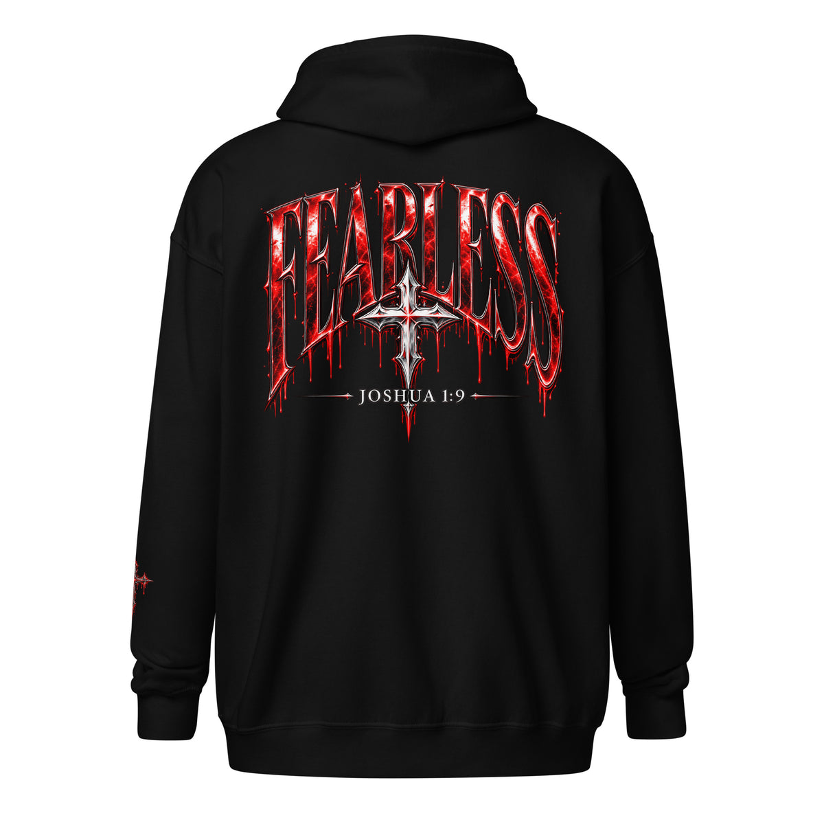 Black FEARLESS Christian zip-up hoodie with red gothic Joshua 1:9 back design by Divine Drip Company Copy