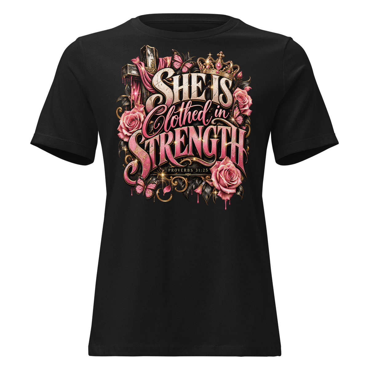 A black short-sleeve crewneck t-shirt featuring a large graphic print on the front. The graphic displays the text 'SHE IS CLOTHED IN STRENGTH' in stylized cream and pink lettering, decorated with pink roses, a gold crown, and a small cross, with 'EMMANUEL ELIZABETH' printed below.