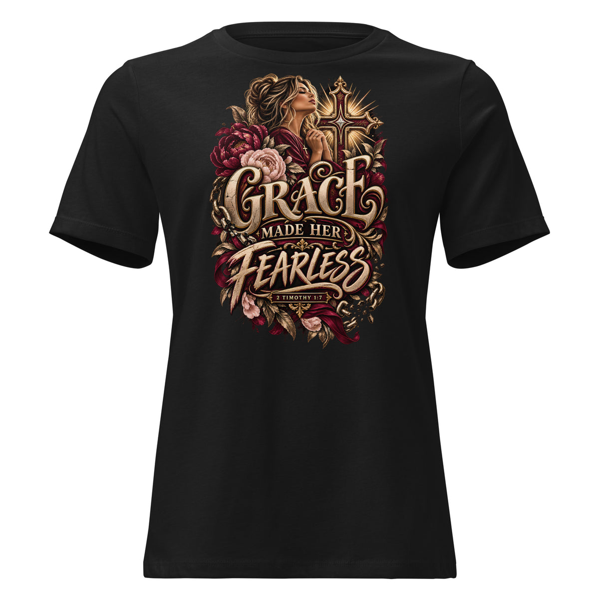 A black short-sleeve crewneck t-shirt featuring a large graphic print on the front. The graphic displays a woman in profile looking up towards a golden cross, surrounded by red and pink roses, with the words 'GRACE MADE HER FEARLESS' in a stylized gold and beige font.