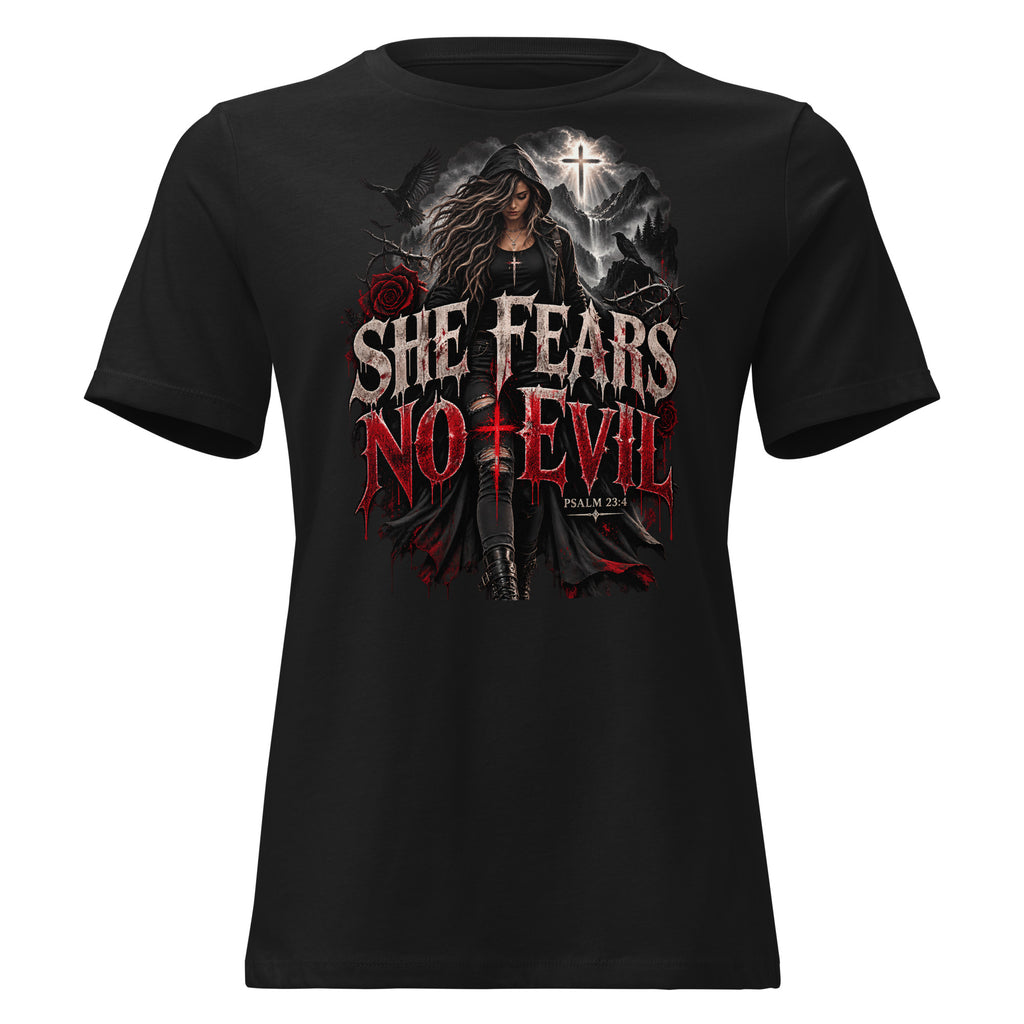 A black short-sleeve crewneck t-shirt featuring a gothic-style graphic print on the front. The graphic depicts a dark hooded woman with long hair, a glowing cross, and the text 'SHE FEARS NO EVIL' in distressed white and red lettering, with 'PSALM 34:5' printed below.