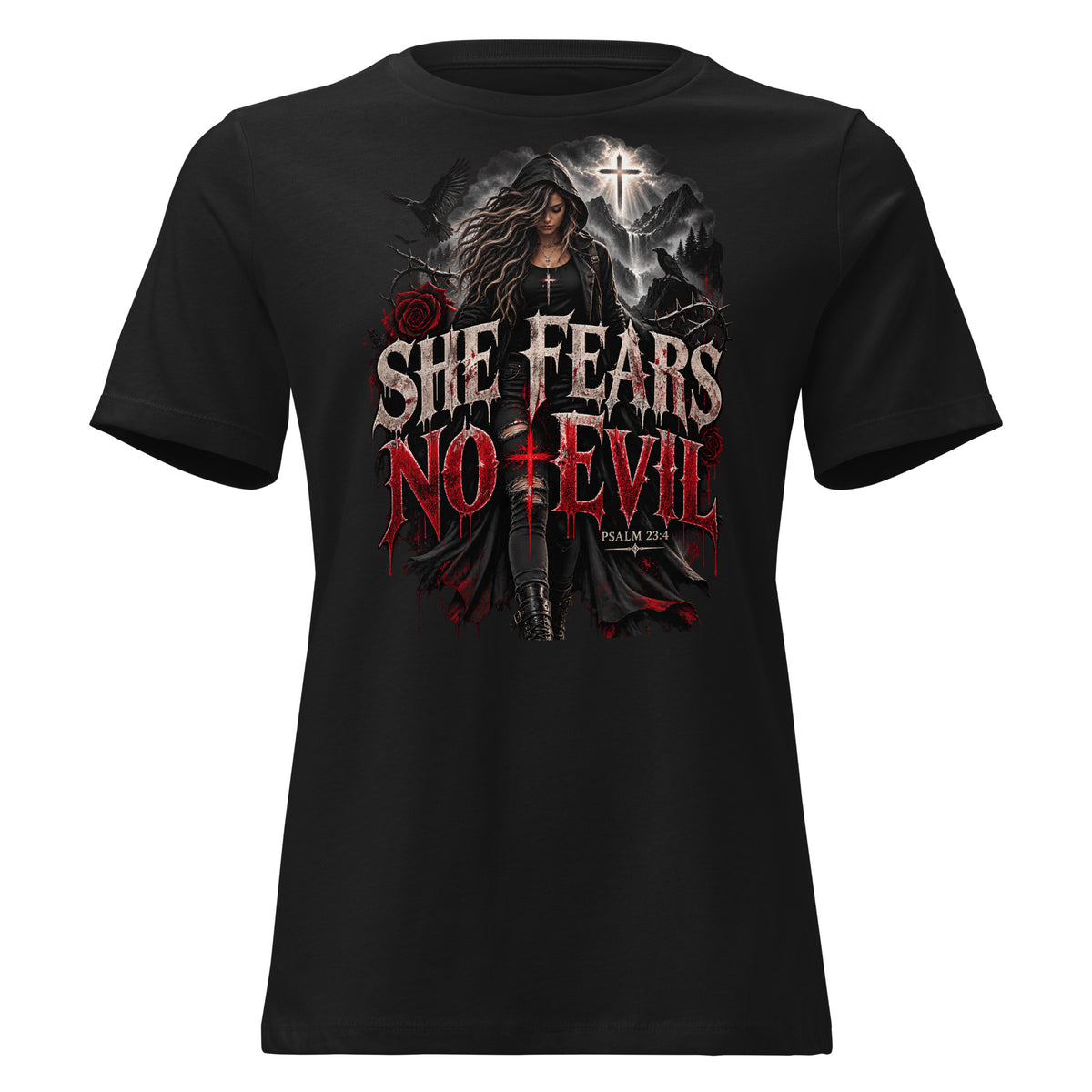 A black short-sleeve crewneck t-shirt featuring a gothic-style graphic print on the front. The graphic depicts a dark hooded woman with long hair, a glowing cross, and the text 'SHE FEARS NO EVIL' in distressed white and red lettering, with 'PSALM 34:5' printed below.