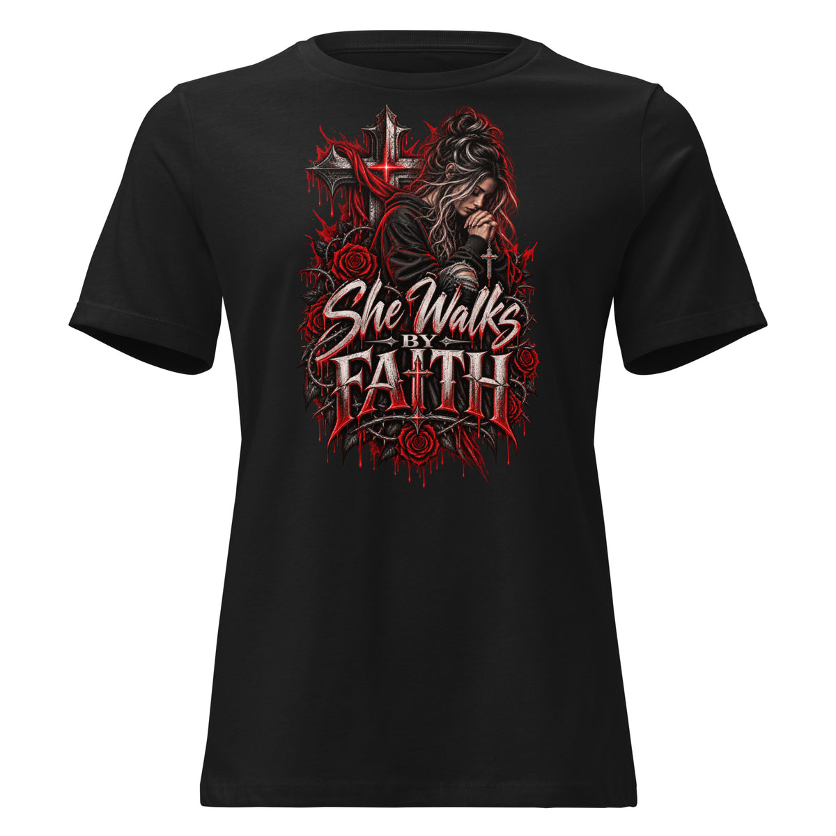 A black short-sleeve crewneck t-shirt featuring a large graphic print on the front. The graphic depicts a woman with long dark hair, a red rose, a cross, and the text 'She Walks BY FAITH' in stylized white and red lettering.
