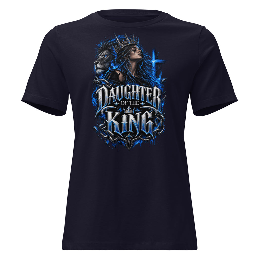 A navy blue short-sleeve t-shirt with a large graphic print on the front featuring a crowned woman, a lion, and the text 'Daughter of the King' in stylized blue and silver lettering.