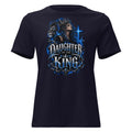 A navy blue short-sleeve t-shirt with a large graphic print on the front featuring a crowned woman, a lion, and the text 'Daughter of the King' in stylized blue and silver lettering.