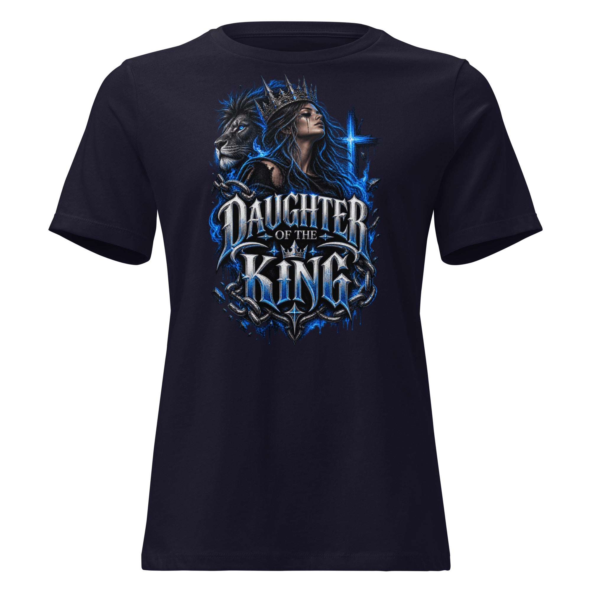 A navy blue short-sleeve t-shirt with a large graphic print on the front featuring a crowned woman, a lion, and the text 'Daughter of the King' in stylized blue and silver lettering.
