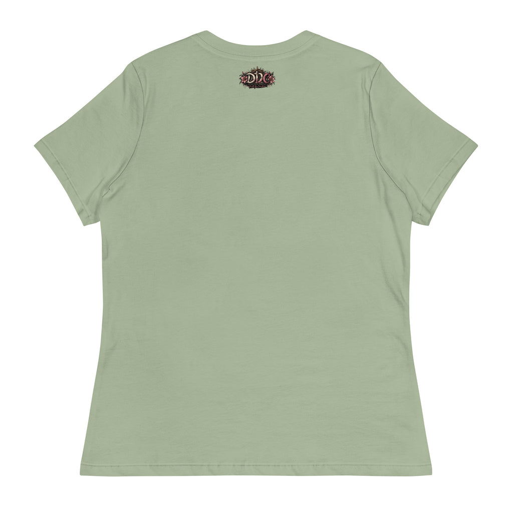 A sage green short-sleeve t-shirt shown from the back, featuring a small dark graphic logo printed at the center of the neck.